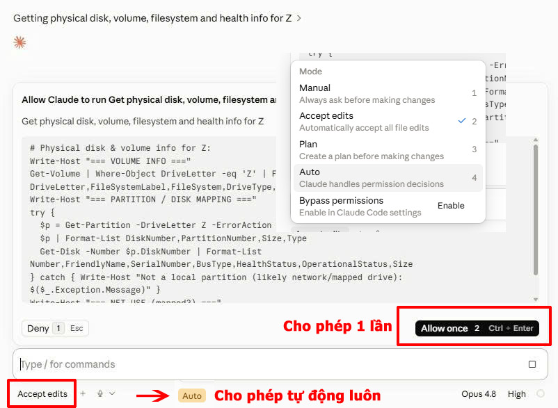 Bảng xin phép của Claude: nút Allow once và chế độ Auto