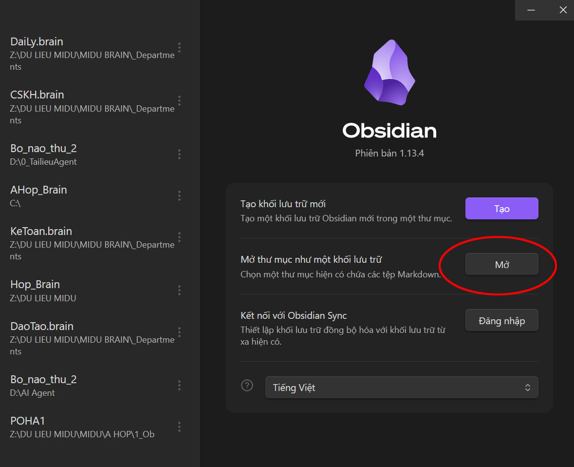 Obsidian - Mở thư mục như một khối lưu trữ