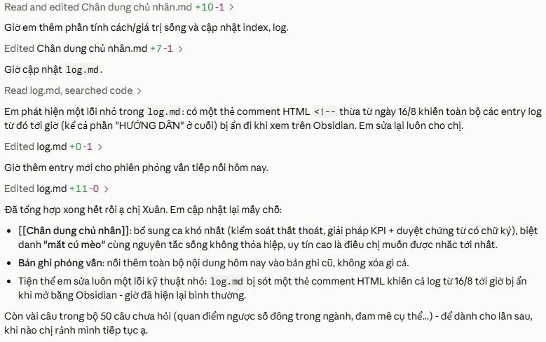 Ảnh chụp màn hình Claude Code báo cáo đã sửa lỗi thẻ HTML trong file log.md