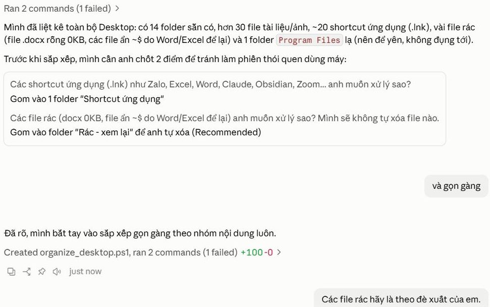Màn hình Claude của anh Huỳnh Vi Phúc, agent liệt kê Desktop rồi hỏi lại hai điểm trước khi sắp xếp và nói sẽ không tự xóa file nào