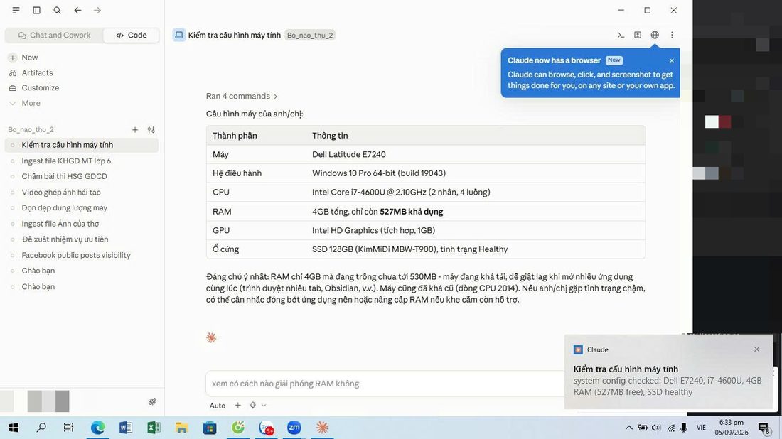 Màn hình Claude của chị Nguyễn Thị Anh Thơ, agent báo máy Dell Latitude E7240 chỉ còn 527 MB RAM khả dụng