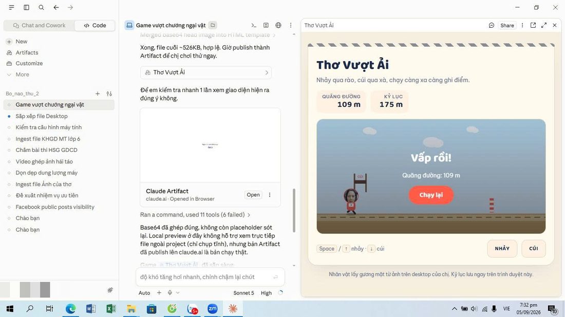 Màn hình máy chị Nguyễn Thị Anh Thơ tối 05/09, game Thơ Vượt Ải do agent viết đang chạy với kỷ lục 175 mét
