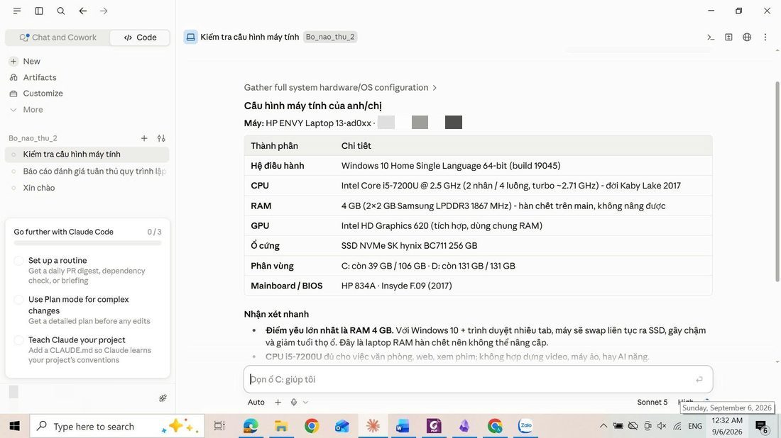 Màn hình Claude của chị Kim Anh lúc 12h32 sáng, agent báo máy HP ENVY có RAM 4 GB hàn chết không nâng cấp được