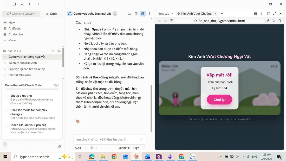 Màn hình máy chị Kim Anh lúc 1h25 sáng, game Kim Anh Vượt Chướng Ngại Vật do agent viết đang chạy trong trình duyệt