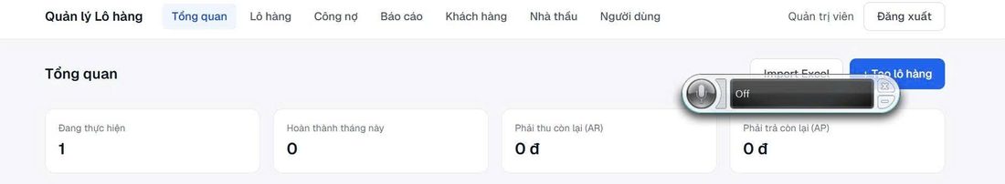 Thanh menu và bốn ô đếm trên trang tổng quan của phần mềm quản lý lô hàng