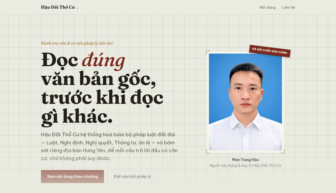 Ảnh chụp đầu trang tra cứu pháp lý đất đai của anh Man Trung Hậu, nền giấy kẻ ô, có con dấu đỏ đối chiếu bản chính
