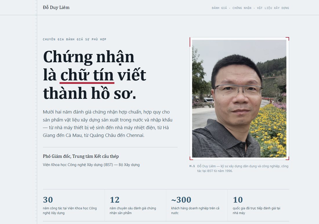 Ảnh chụp đầu trang chuyên gia đánh giá chứng nhận vật liệu xây dựng của anh Đỗ Duy Liêm