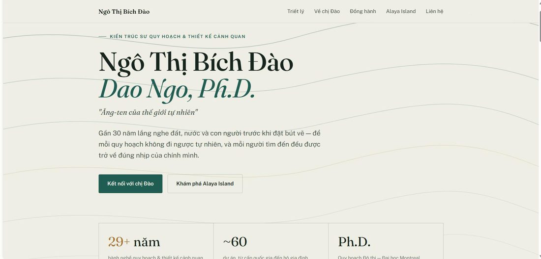 Ảnh chụp trang giới thiệu cá nhân của chị Ngô Thị Bích Đào mở trong trình duyệt, nền màu kem, có tên, dòng nghề kiến trúc sư quy hoạch và ba ô mốc nghề