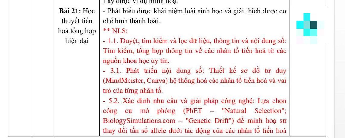 Ảnh chụp một trang khung kế hoạch dạy học Sinh học 12, phần năng lực số in màu đỏ, một ô ở cột phải bị bôi nhòe
