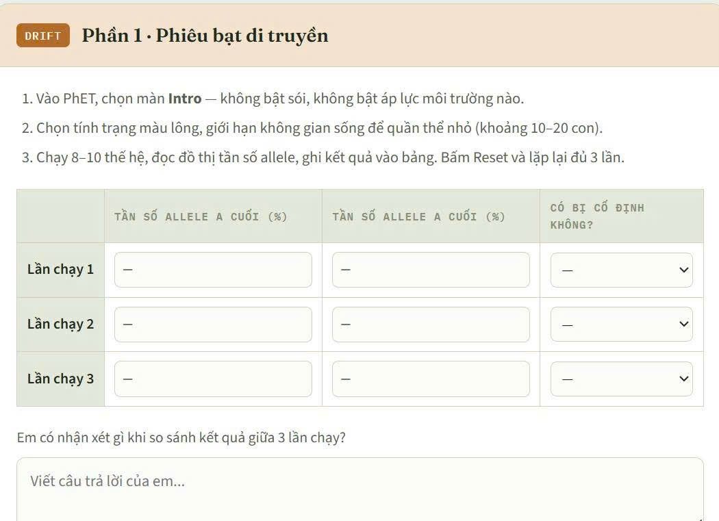 Ảnh chụp phiếu học tập điện tử phần Phiêu bạt di truyền, có bảng ba lần chạy với ô trống cho học sinh điền và ô viết nhận xét