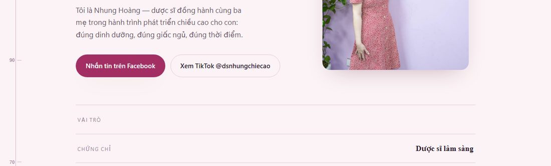 Phần dưới khúc đầu trang của dược sĩ Nhung Hoàng, có thước đo chiều cao dọc mép trái và bảng kê chứng chỉ