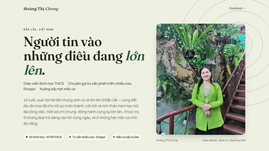 Đầu trang cá nhân của chị Hoàng Thị Chung ở Đắk Lắk, ghi ba nghề giáo viên Sinh học, tư vấn chiều cao và xưởng sấy mắc ca